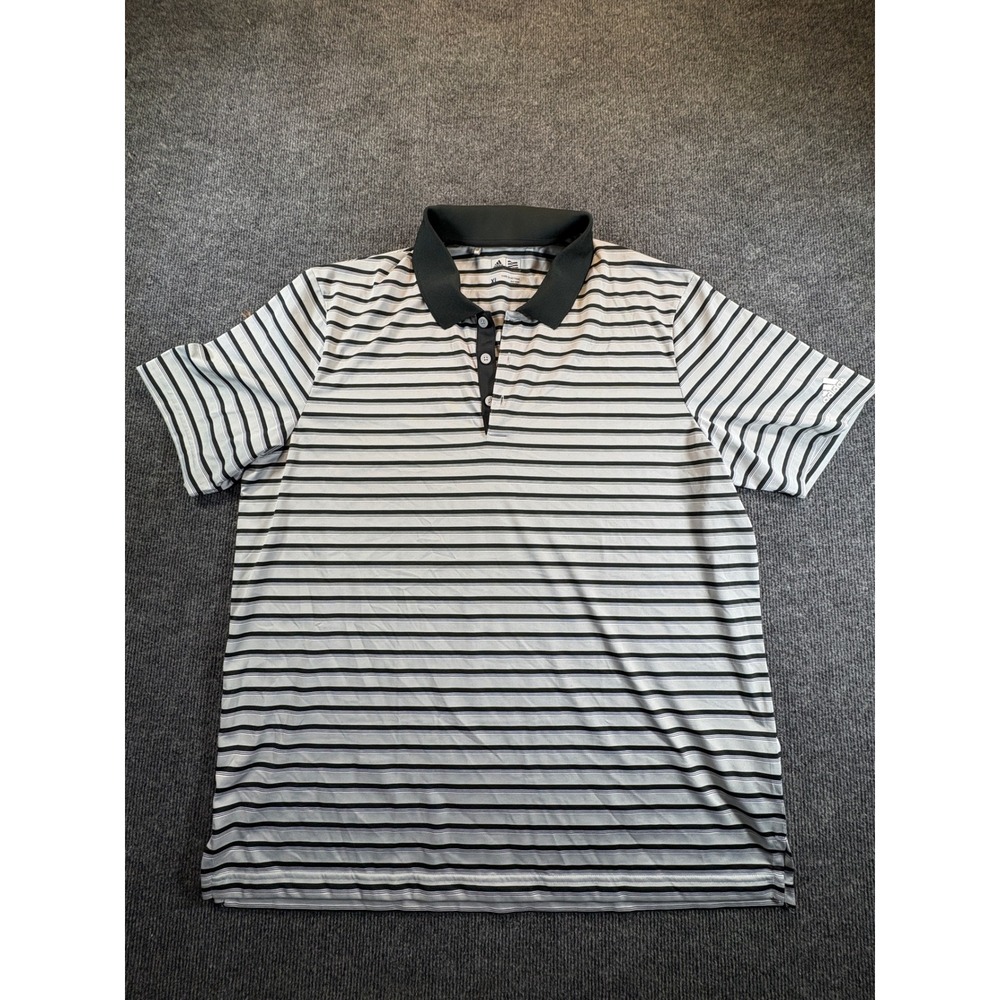Adidas Golf Mens XL Polo Shirt Grey Black Striped Short Sleeve RN 88387 2987